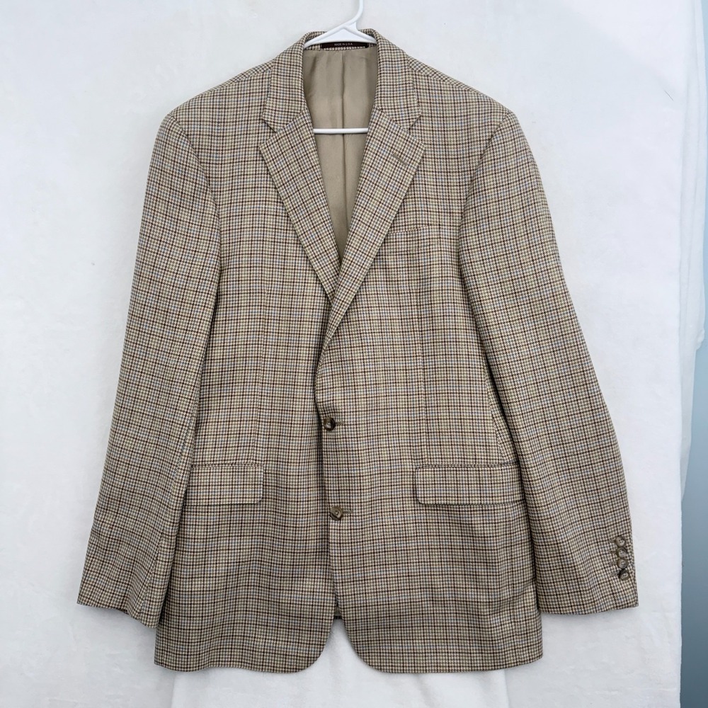 Hicky Freeman Blazer Sport Coat Mens 44 Beige Houndstooth Wool  Union Made USA
